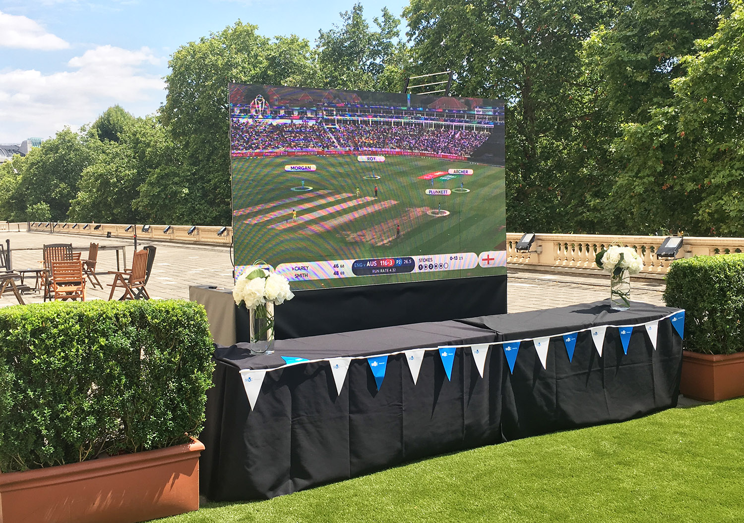 Outdoor Garden TV LED screen showing Cricket Summer for pub beer gardens
